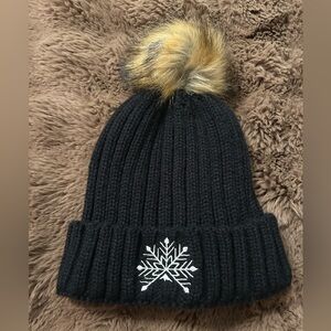 Black Knit Winter Hat with Faux Fur Pom Pom & Fleece Lining